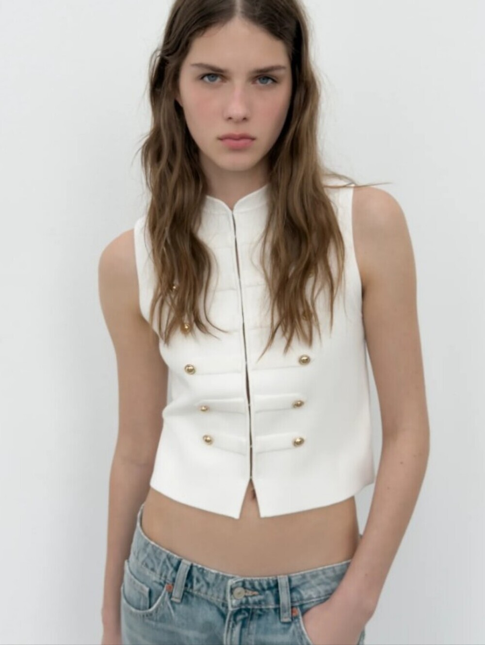 Zara Cream Sleeveless Military Button Vest - Picture 3 of 8